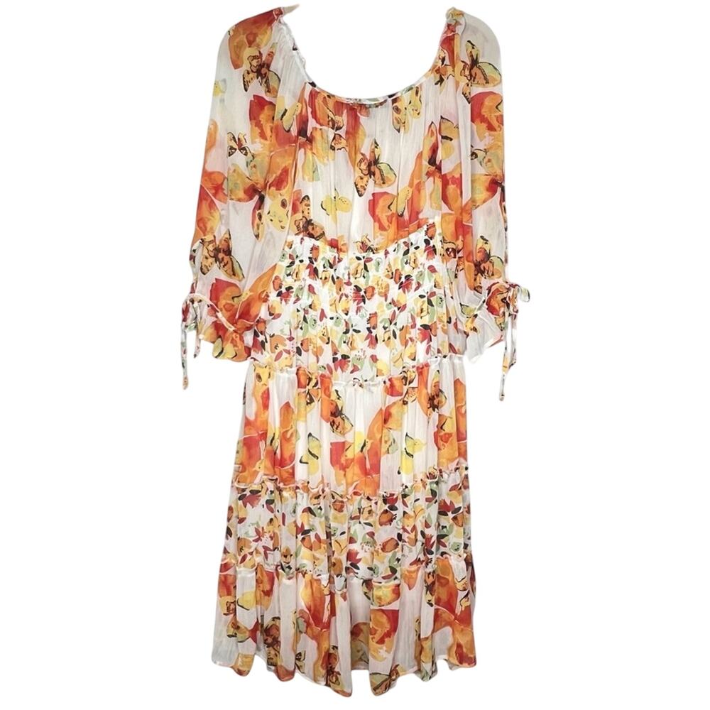 Figueroa & Flower Butterfly Midi Dress L Orange Smocked Peasant Tiered Cottage - Picture 3 of 13